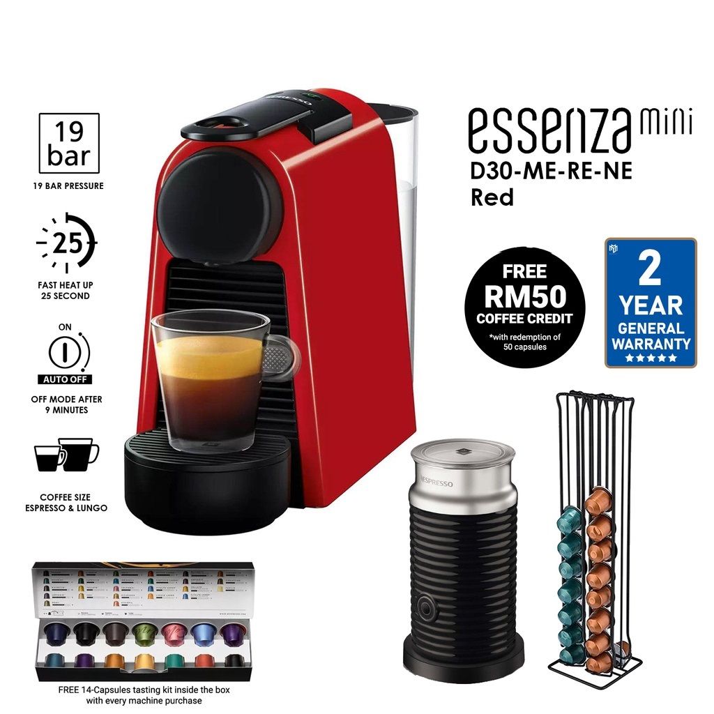 Nespresso Essenza Mini Fully Automatic Capsule Machine - Red D30MERENE