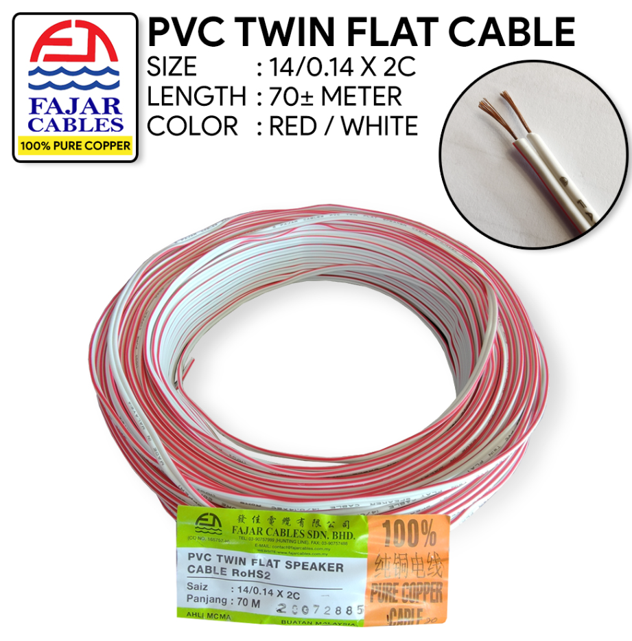 FAJAR CABLE – PVC TWIN FLAT SPEAKER CABLE 70M± (14/0.14 X 2C) (RED/WHITE)