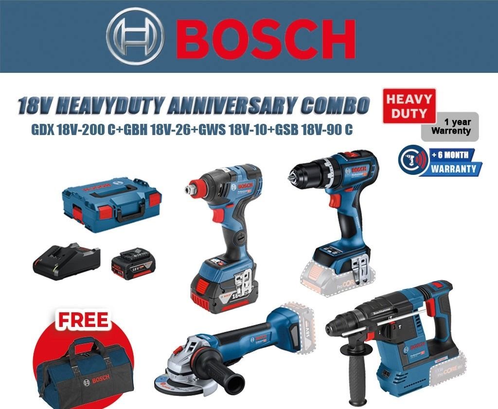BOSCH 18V Heavy Duty Anniversary Combo GDX18V-200C Impact Driver GSB 18V-90C Combi GBH18V-26 Rotary Hammer GWS18V-10