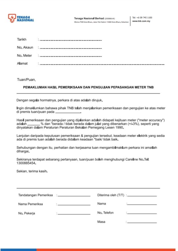 FORM MAKLUM BALAS PREMIS BERKUNCI- 2 PLY NCR FORM PEMAKLUMAN HASIL PEMERIKSAAN DAN PENGUJIAN PEPASANGAN METER+2 PLY NCR (PREPRINT)