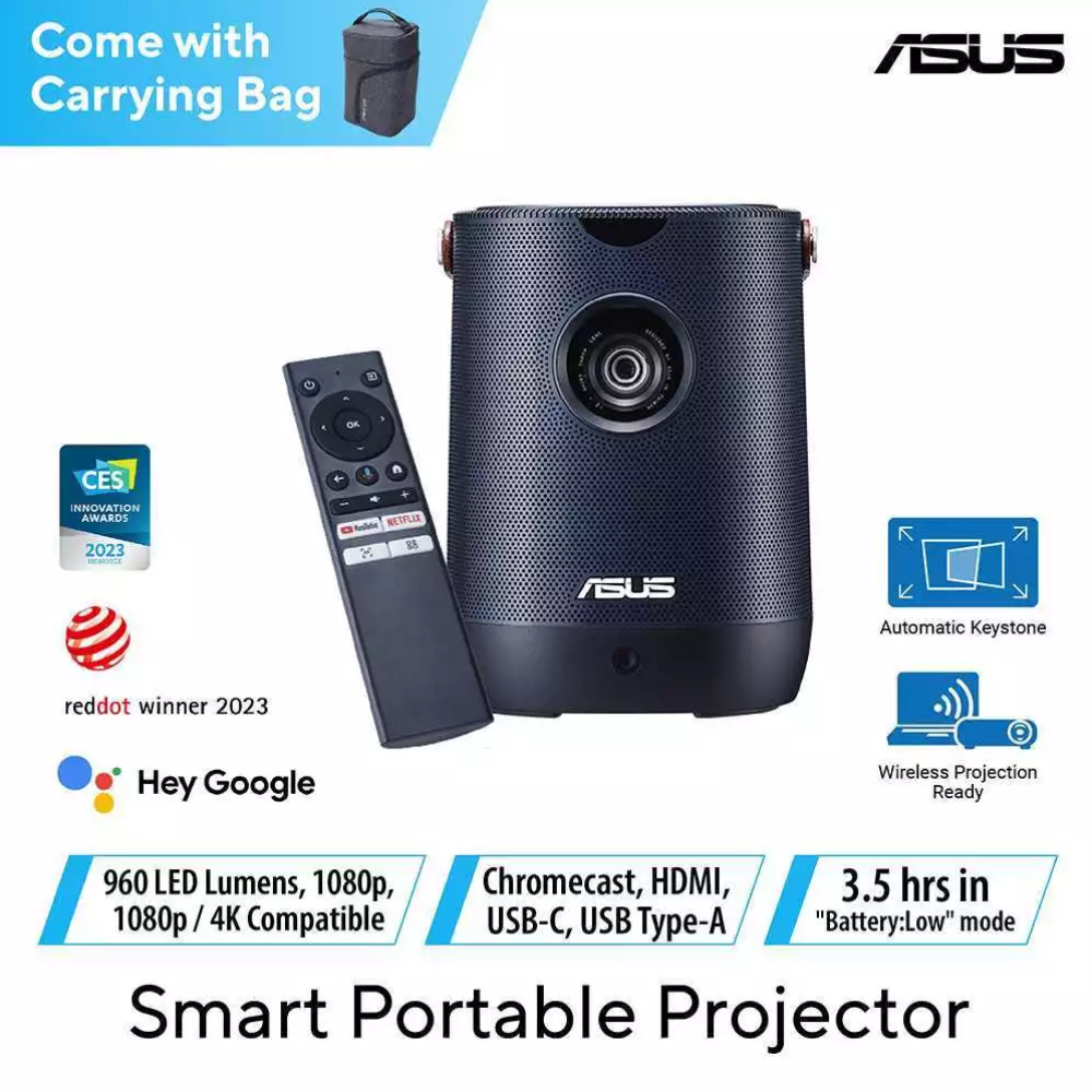 ASUS ZenBeam L2 Smart Portable LED Projector - 960 LED Lumens, 1080p, Google Certified Android 12 TV Box