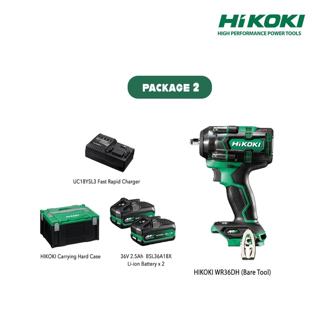 HIKOKI WR36DH MULTI VOLT(36V) 12.7mm (1/2'') Cordless Brushless Impact Wrench 380Nm IP56 WR 36DH