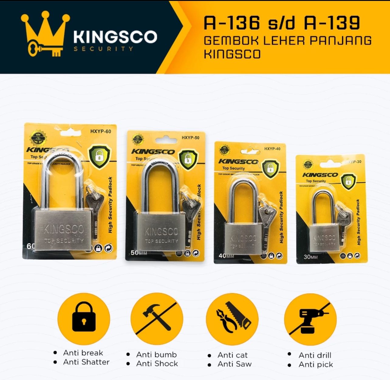 Kingso Long Neck White Padlock (30/40/50/60) mm Chrome Kingsco