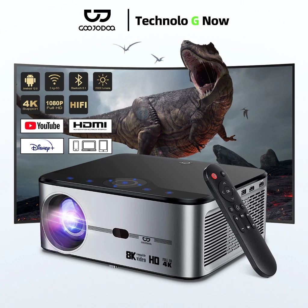 GOOJODOQ Wifi 8k Projector Full HD 1080p 15500 Lux Supports Android iOS (2GB RAM + 16GB ROM)