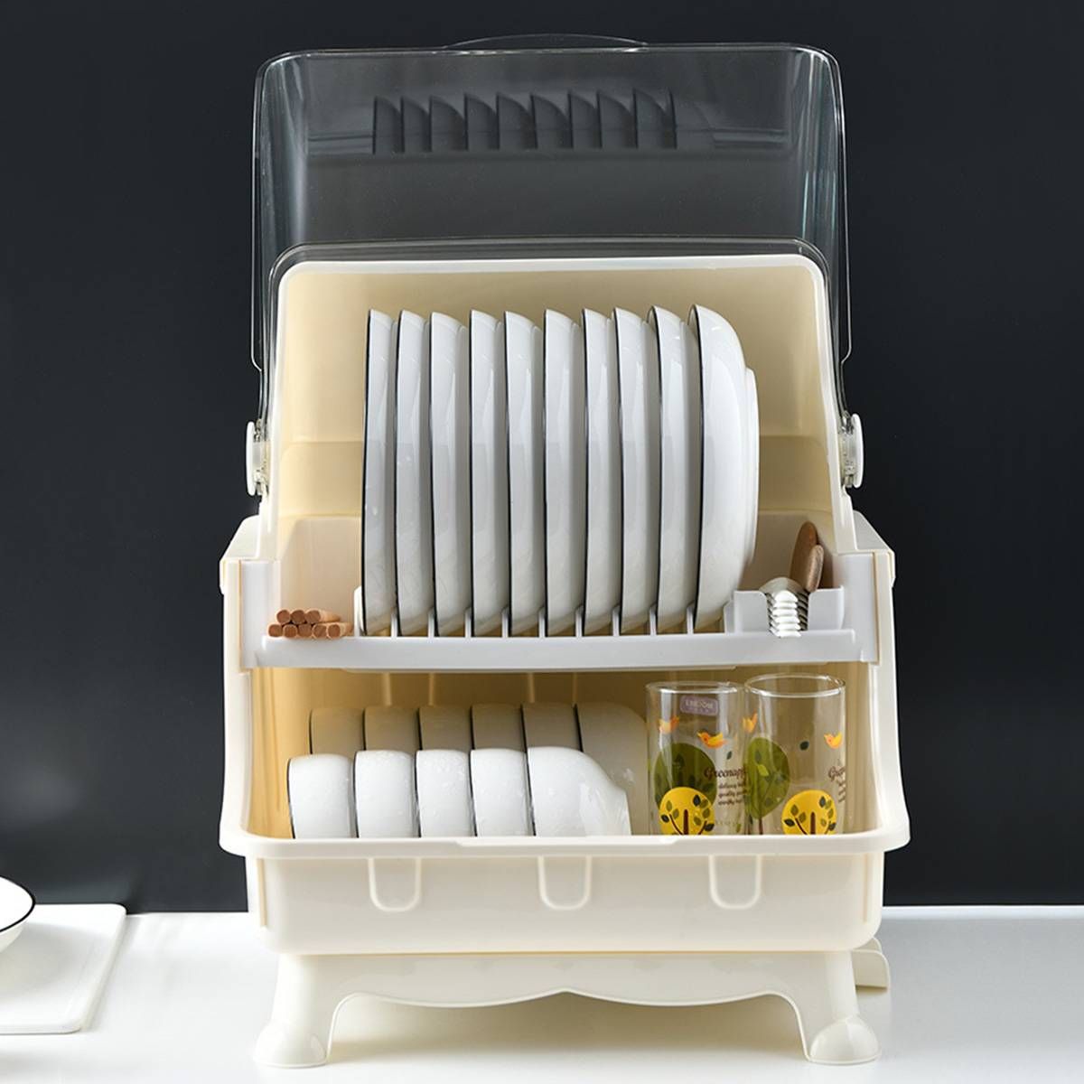 QS DOUBLE LAYER DUST-PROOF PLASTIC KITCHEN DISH RACK STORAGE BOX