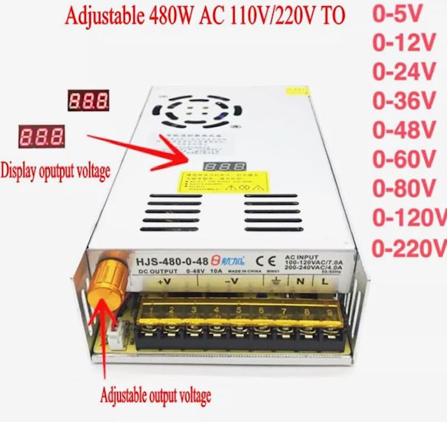 QS AC-DC Converter 110v 220v to DC 12V 24v 36v 48v 60v 80v 120v 480W Digital display Adjustable Switching Power Supply