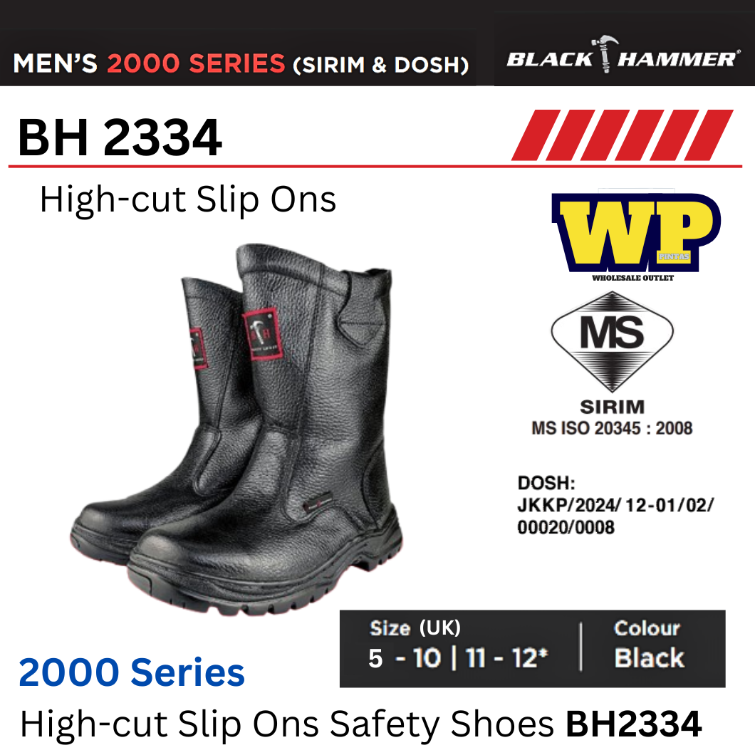Black Hammer 2000 Series High-cut Slip Ons Safety Shoes (SIRIM & DOSH) - BH2334 / Black Hammer / Black Safe / High-Cut Slip Ons / Safety Shoes / Safety Boots / Foot Protect / Kasut Kilang / Kasut Keselamatan / BH2334