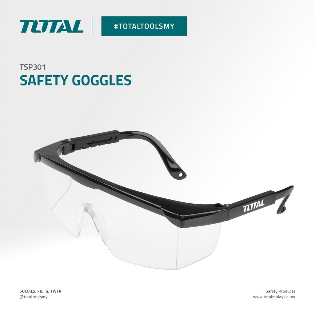TOTAL SAFETY GOGGLES WITH ADJUSTABLE TEMPLES LENGTH MATERIAL POLYCARBONATE PC TSP301