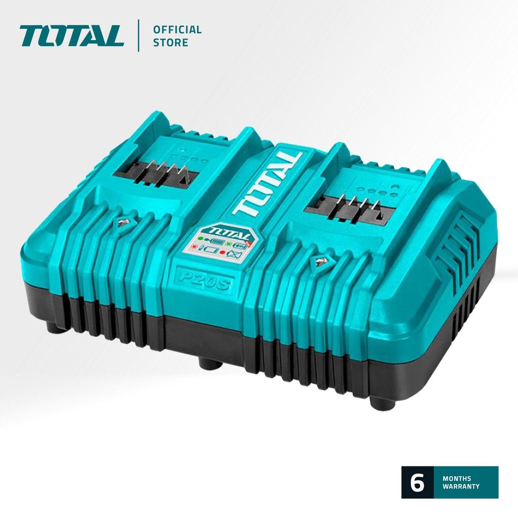 TOTAL TCLI2034 DUAL PORT FAST INTELLIGENT CHARGER (CHARGES 2 BATTERIES SIMULTANEOUSLY INSTEAD OF STANDARD SEQUENTIAL CHARGERS. 4000MA: FOR TWO 2.0AH IN 30 MINS OR TWO 4.0AH BATTERIES IN 1 HOUR)