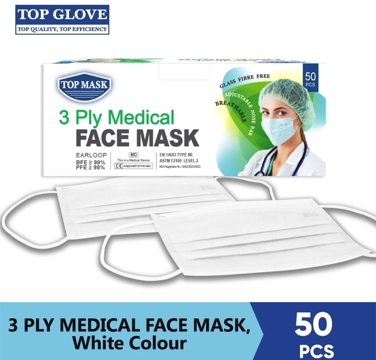 Top Mask 3 Ply Medical Face Mask (White, 50 Pcs Per Box) *Graphene Free