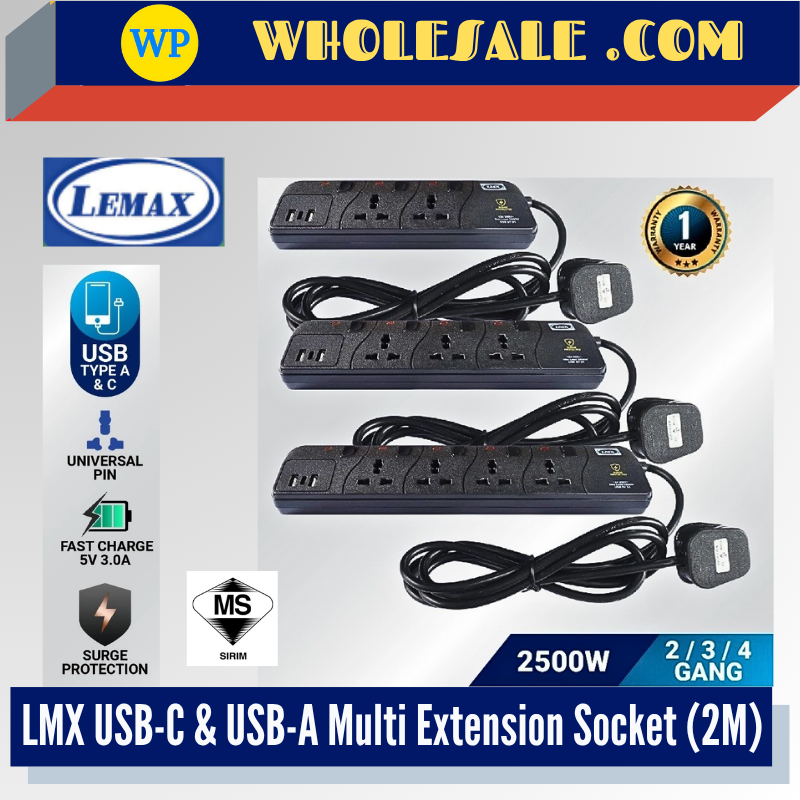 LMX USB-C & USB-A Multi Extension Socket (2M) - All Model / 2500W Trailing Socket Adapter / Multi-Purpose Extension Socket / Extension Wire / 2 Gang / 3 Gang / 4 Gang
