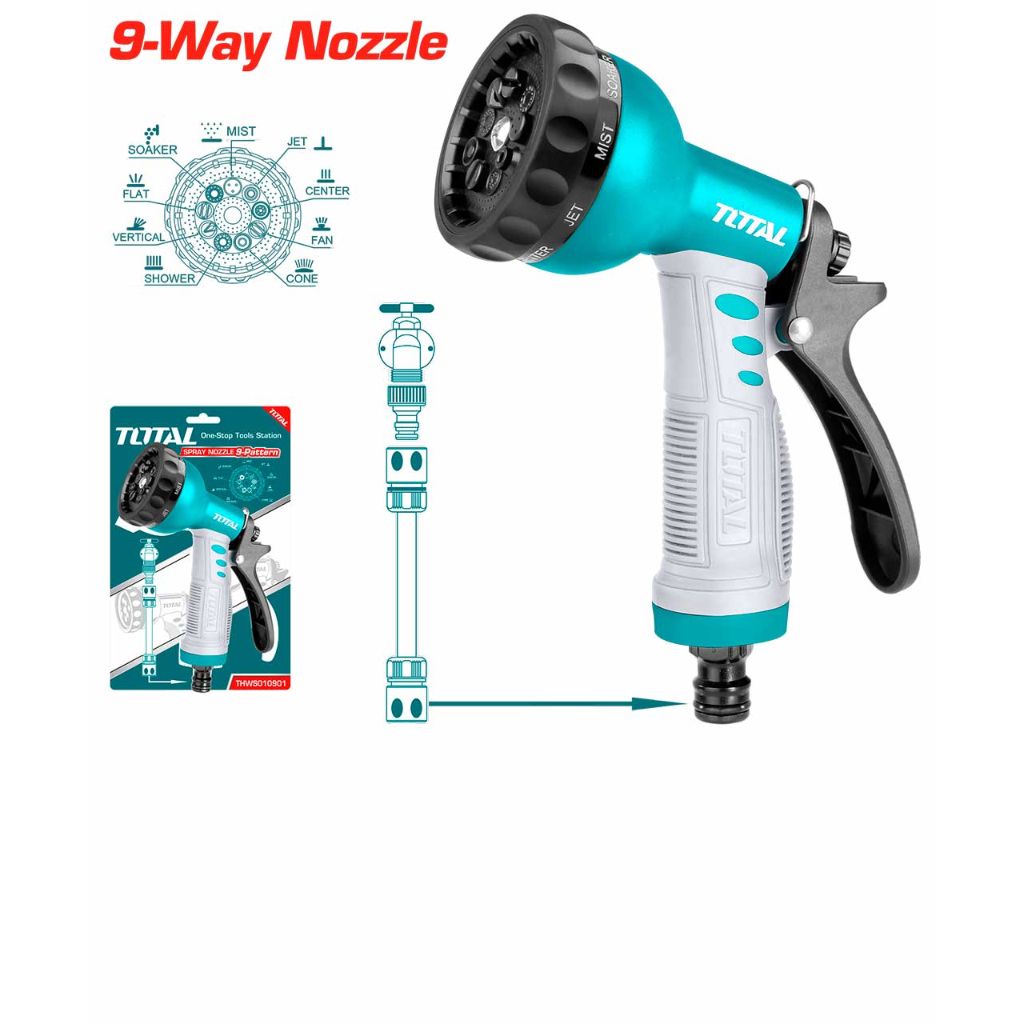 TOTAL PLASTIC TRIGGER NOZZLE ADJUSTABLE 9 DIFFERENT SPRAY PATTERNS CONE JET RINSE & QUICK CONNECT TIP THWS010901