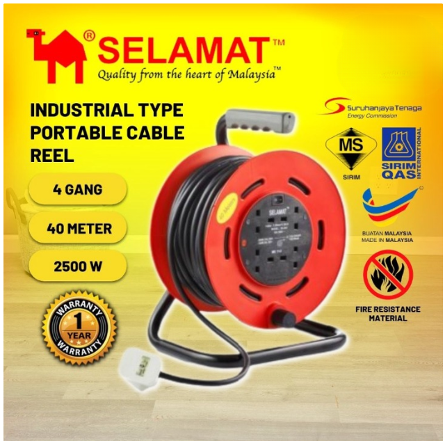 SELAMAT 4 GANG 40 METER PORTABLE EXTENSION CABLE REEL PLUG WIRE HEAVY DUTY EXTENSION CORD PENYAMBUNG WAYAR EXTENSION