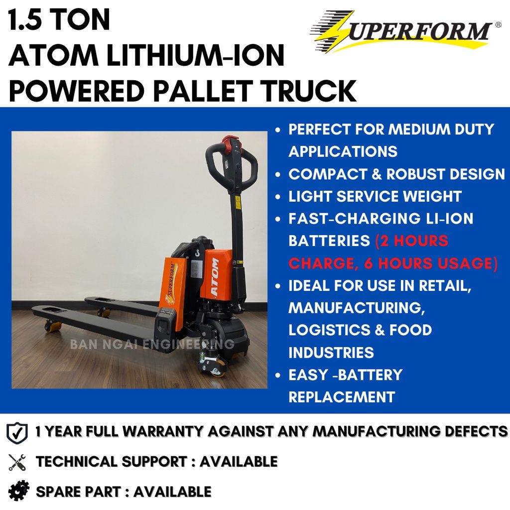 SUPERFORM 1.5 TON ATOM LITHIUM-ION FULLY ELECTRIC PALLET TRUCK POWERED PALLET TRUCK | 1 YEAR FULL WARRANTY
