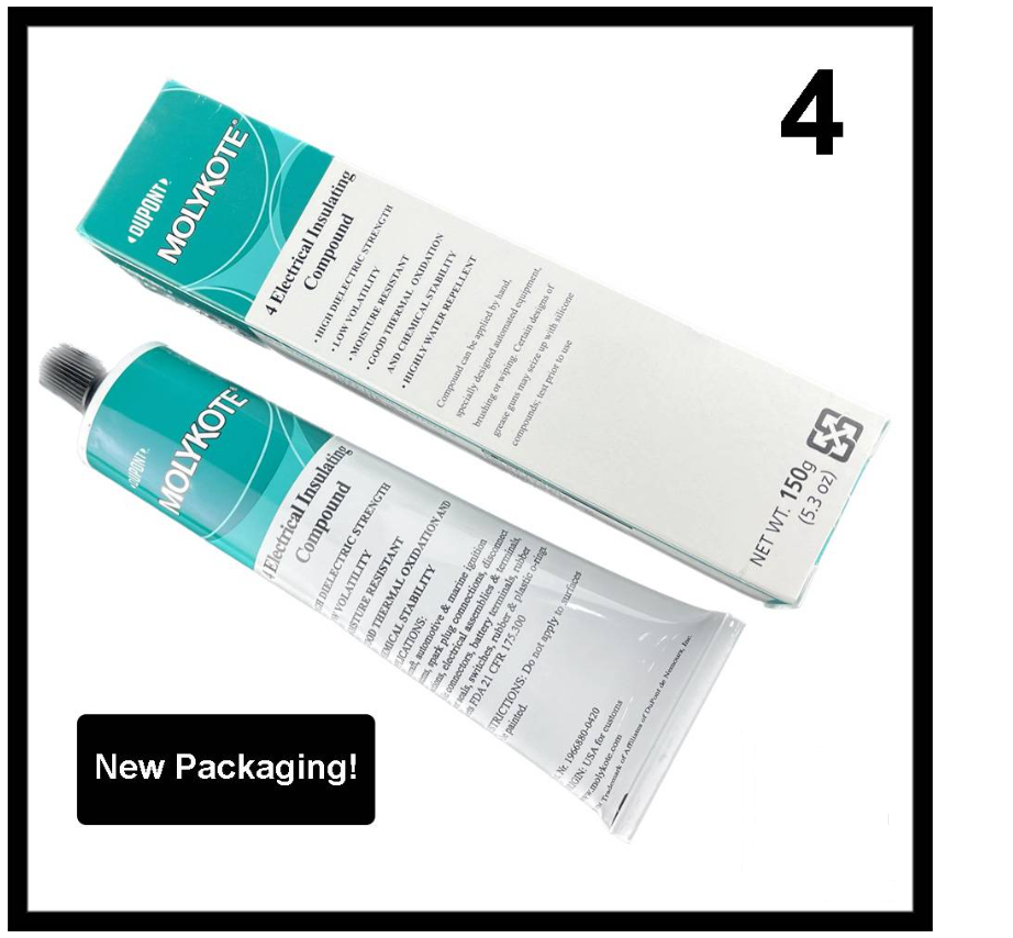 ? MOLYKOTE 4 DOW CORNING 4 ELECTRICAL INSULATING COMPOUND 150G BY DUPONT HIGH DIELECTRIC STRENGTH MOISTURE PROOF SILICONE GREASE