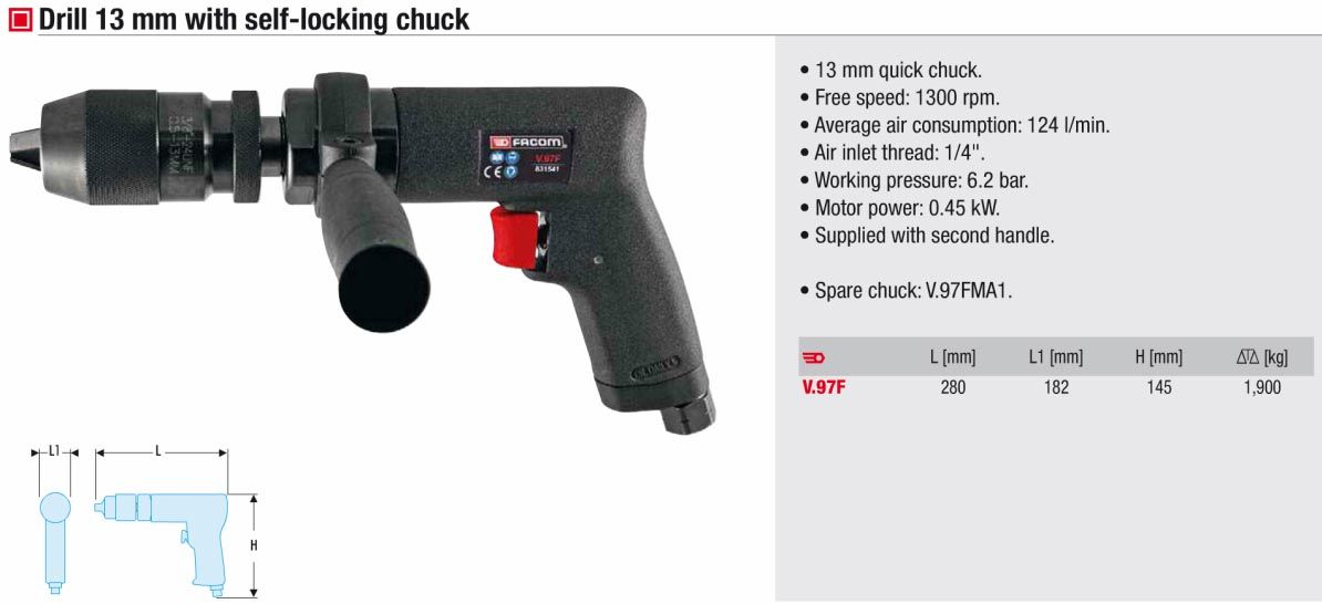 Facom V.97F Air Drill with Heavy Duty 13mm Self Locking Metal Keyless Chuck
