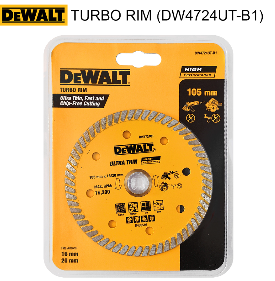 DEWALT GRINDER CUTTING WHEEL – DIAMOND BLADE ULTRA THIN TURBO RIM (DW4724UT-B1) (105 X 1.2 X 16/20MM)