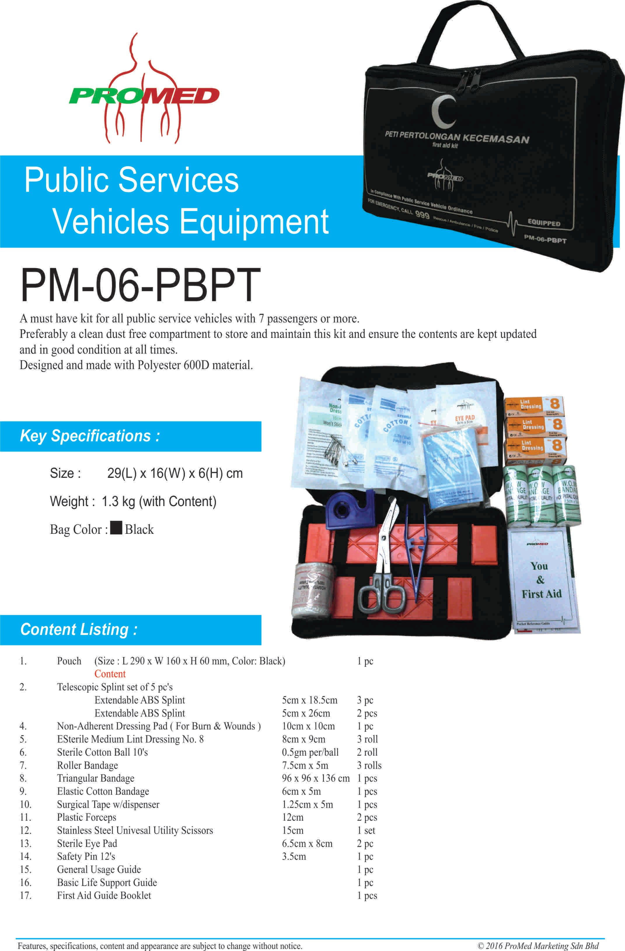 PROMED OCHA FIRST AID KIT FOR PUBLIC SERVICES VEHICLES EQUIPMENT Model: PM-06-PBPT