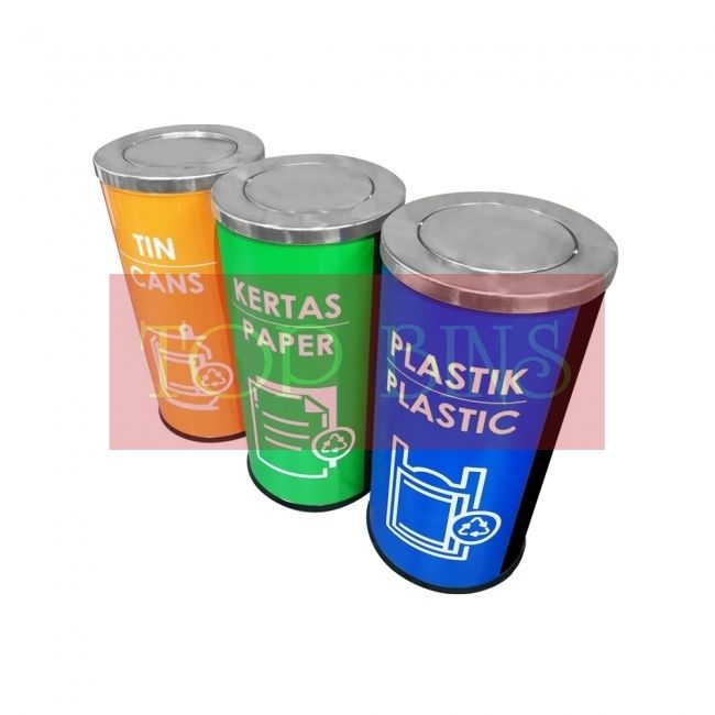 OK SS106-B |CM3| Black Powder Coated Recycle Bin Round c/w Flip Top (3-In-1) / 3R RECYCLE BIN / DUSTBIN