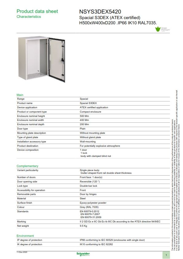 - *Schneider Electric Spacial S3D, Steel, ATEX, Wall Box, IK10, IP66, 200mm x 500 mm x 400 mm